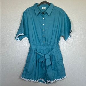 Blue and white linen blend romper, size large